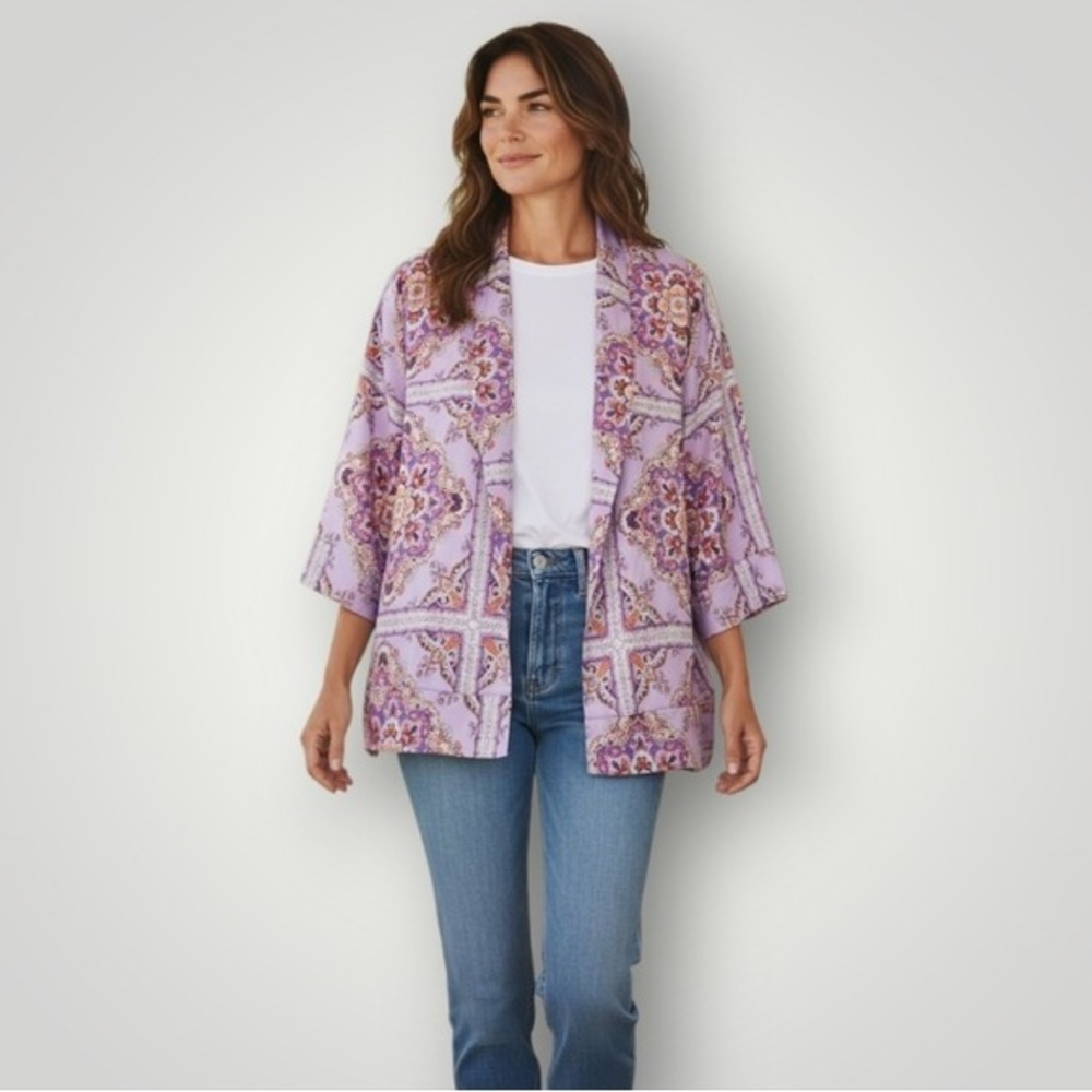 Ann Taylor Womens Kimono Wrap Top L Purple Paisley‎ Print Belted Lightweight